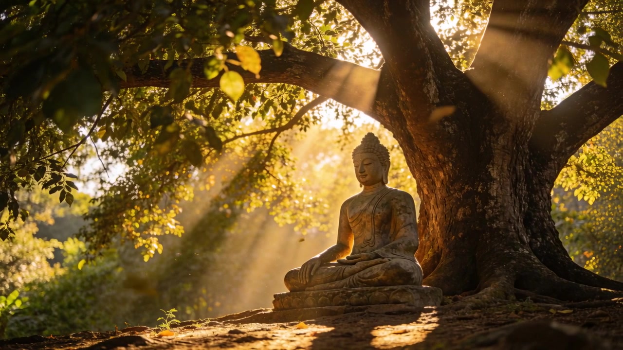 La luce mutevole del sole illumina un Buddha di pietra seduto in un boschetto sacro, proiettando raggi e foglie.