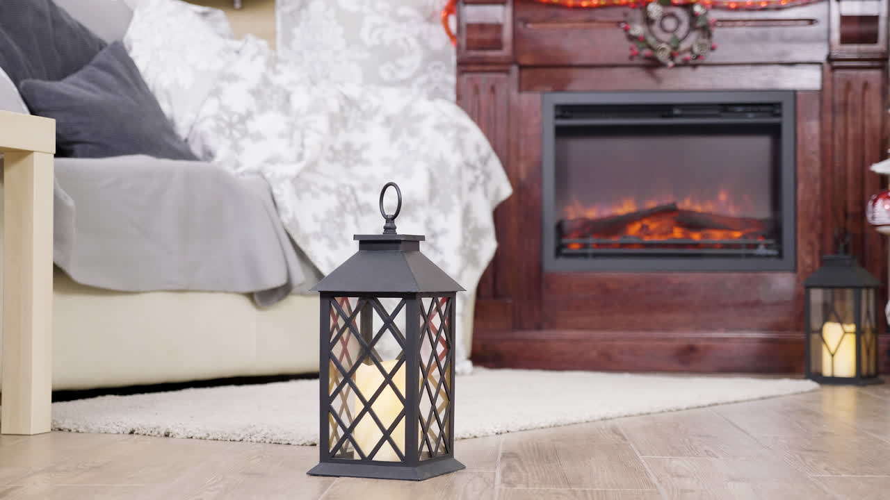 Cozy Christmas Living Room with Lanterns and Fireplace