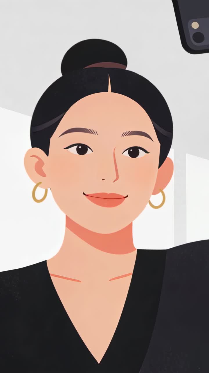 Video verticale: Donna con chignon che solleva il telefono, aggiusta la posa e si scatta un selfie a casa, indossando un top nero.