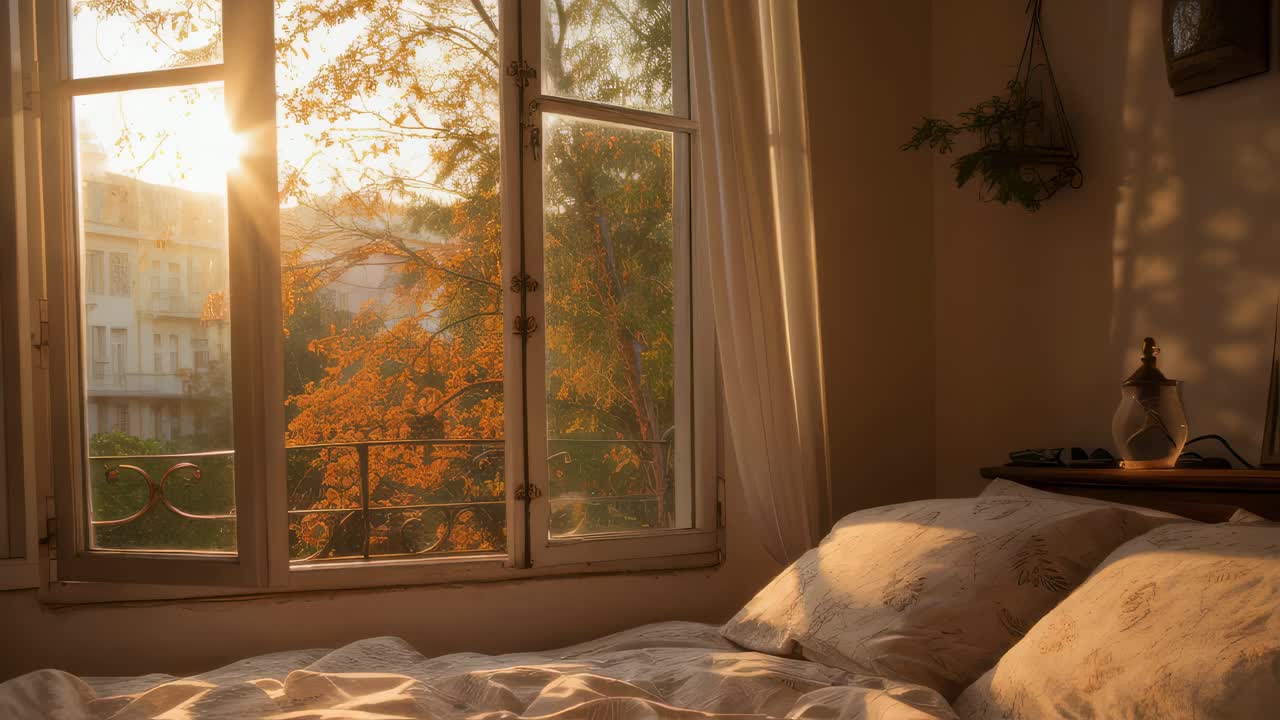 Sunrise through French Windows in an Autumn Bedroom