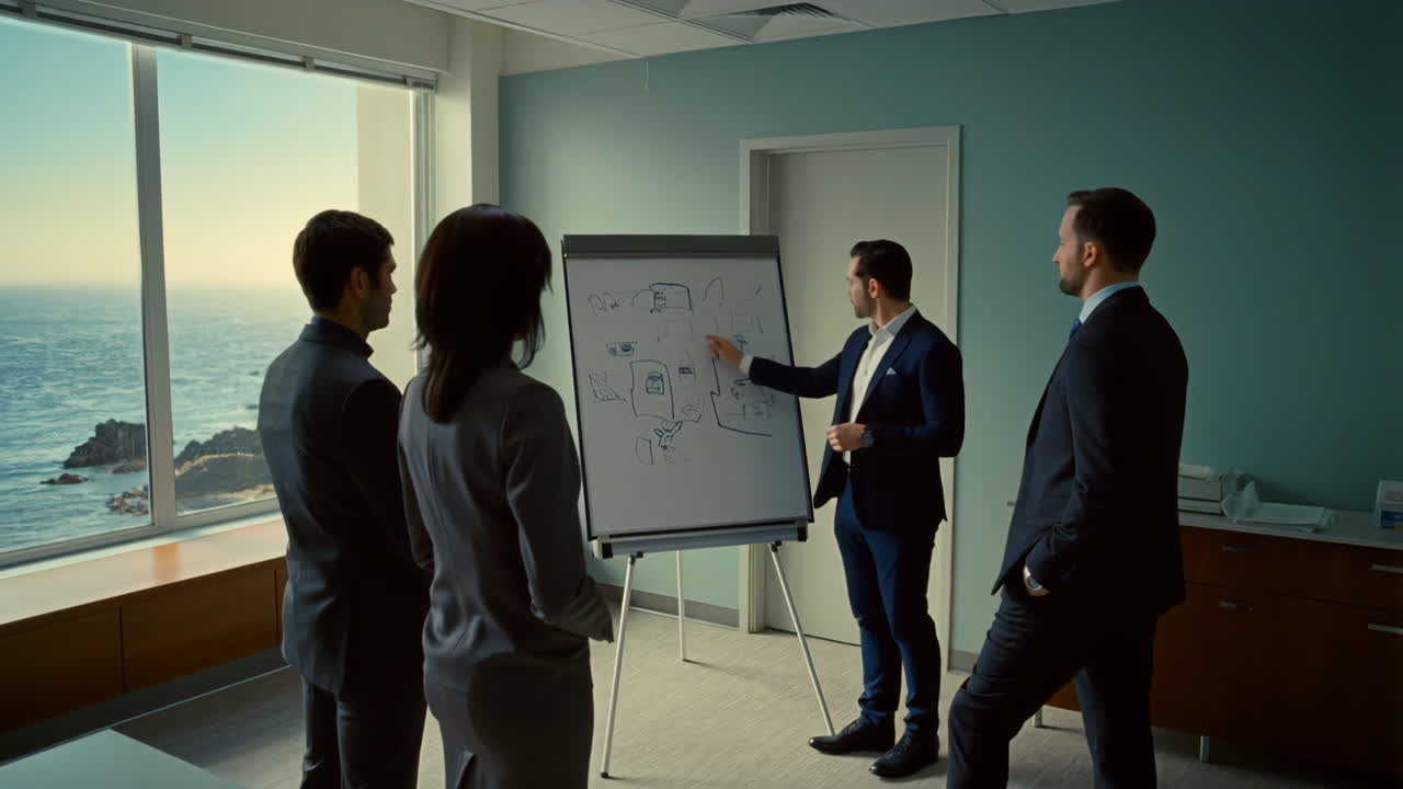 Business Professionals in a Conference Room with Ocean View