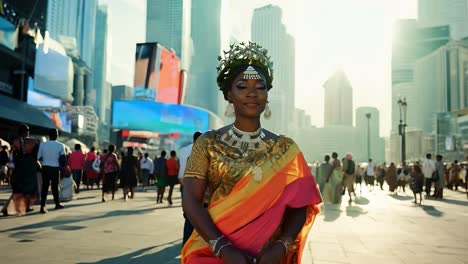 mujer africana en traje tradicional posa en una concurrida calle de la ciudad