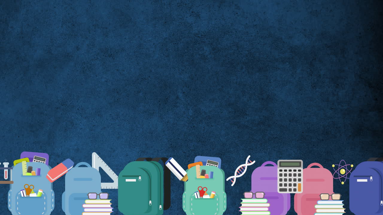 디지털 다채로운 학교 자료의 애니메이션은 파란색 배경에 배열로 움직입니다.