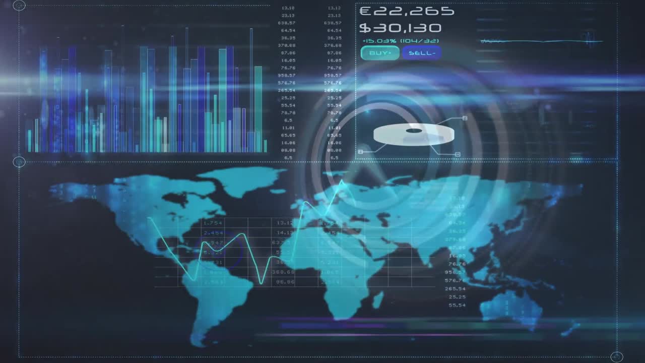 animación del movimiento del reloj y el procesamiento de datos sobre el mapa del mundo