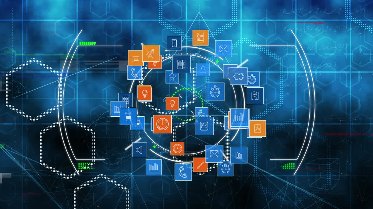 Animation of scope scanning with network of connections with icons over blue screens