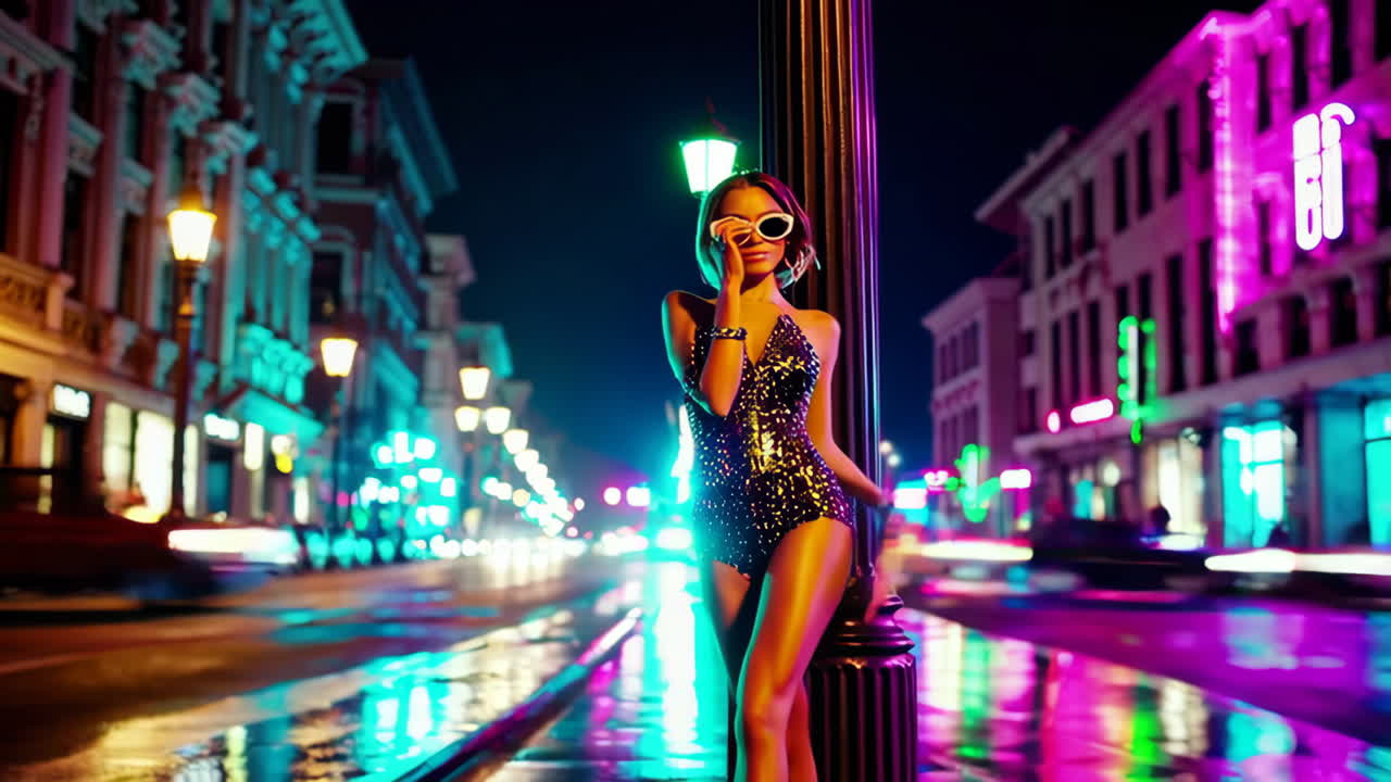 Donna in abito di paillettes in posa su una vivace strada cittadina di notte