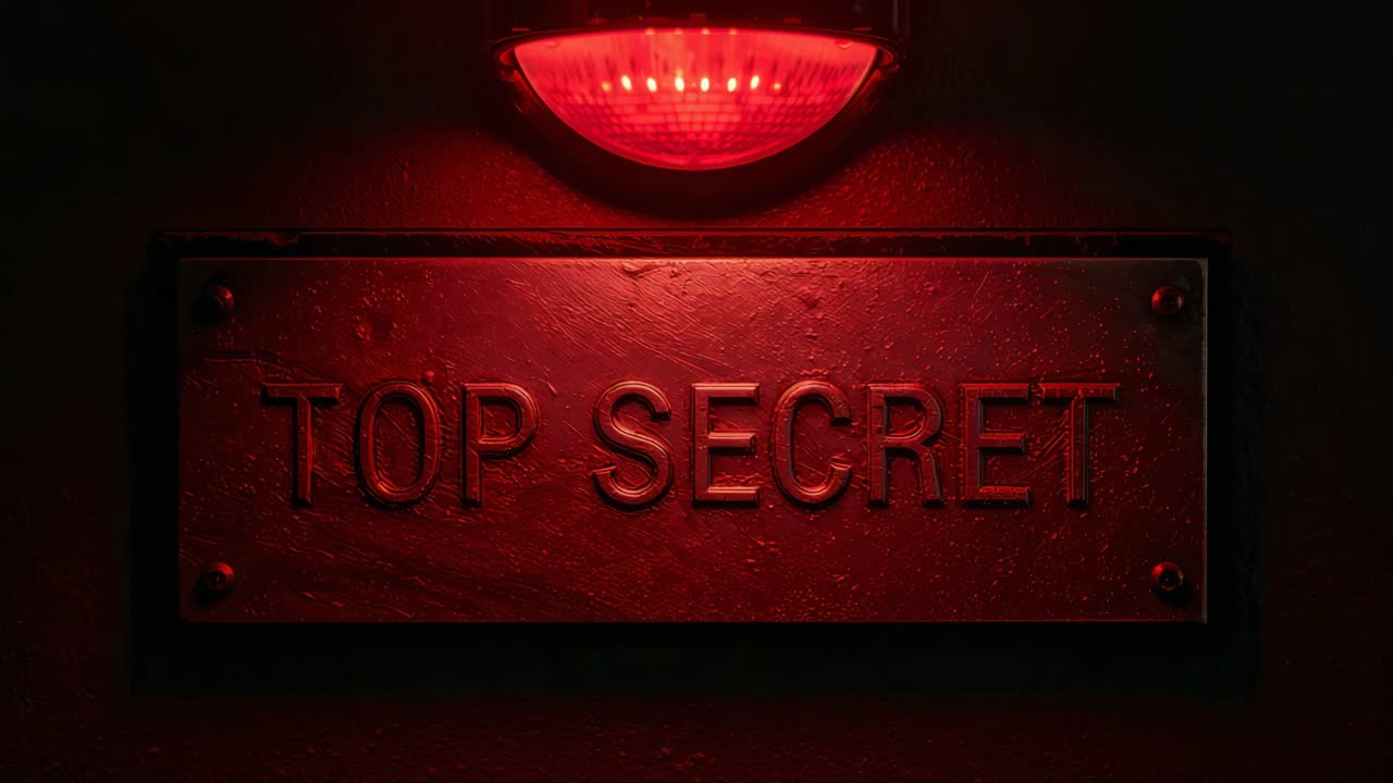Red lamp turning on, metal 'TOP SECRET' plaque reflecting deep red wash on dim corridor wall