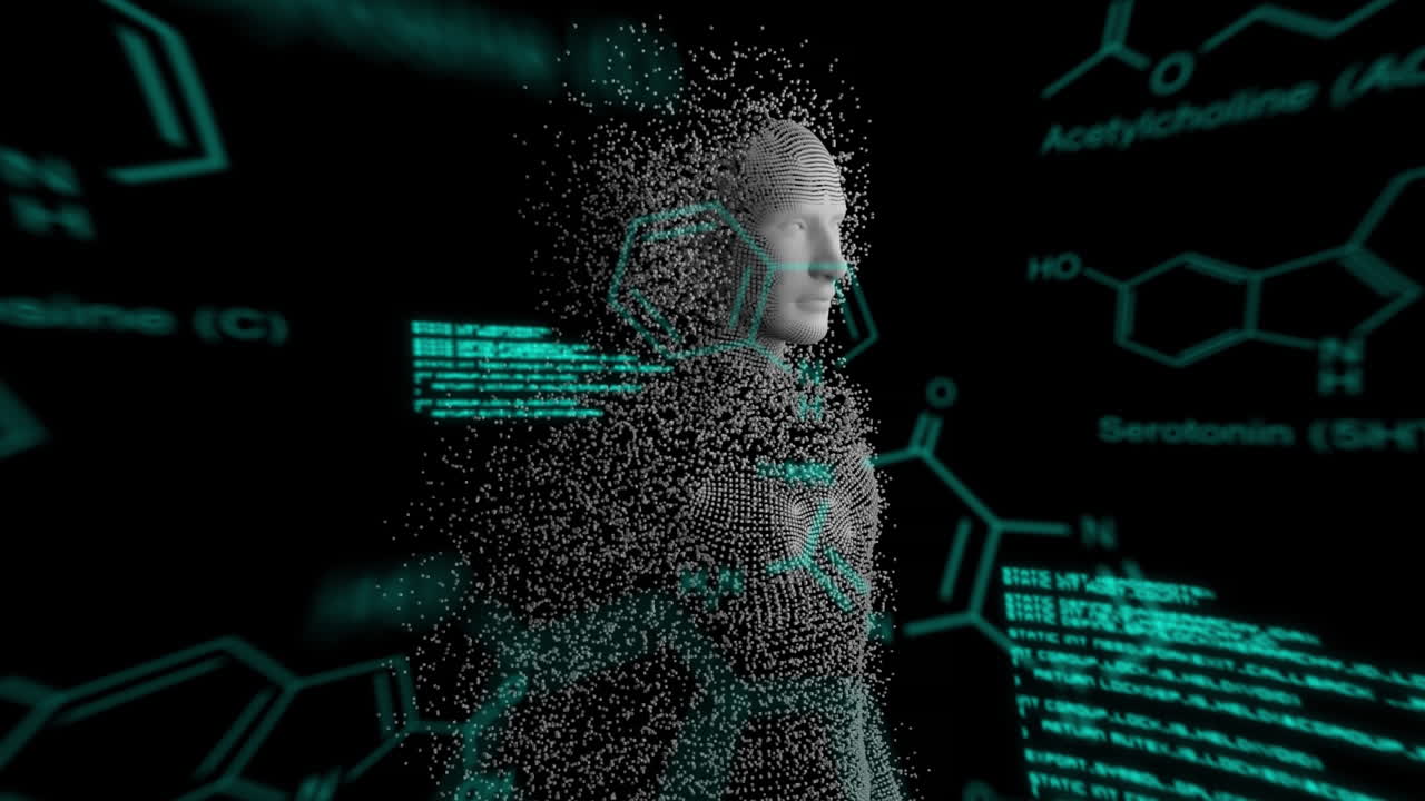 Animation of human model and scientific data processing on black background