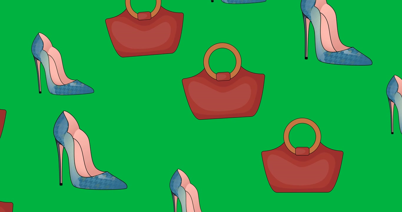 Animazione digitale di icone multiple di scarpe e borse da donna che fluttuano su sfondo nero.
