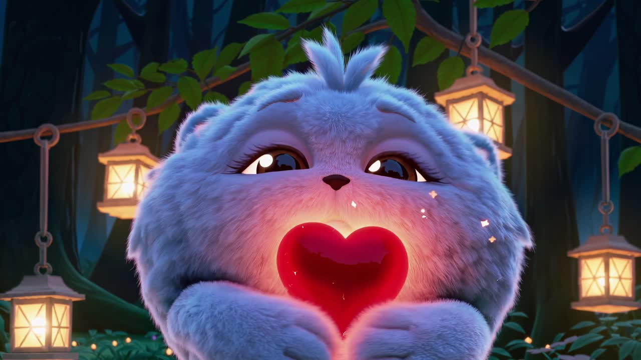 Cute, fluffy creature is holding a glowing red heart, surrounded by hanging lanterns in a magical, enchanted forest at night, creating a heartwarming and whimsical scene