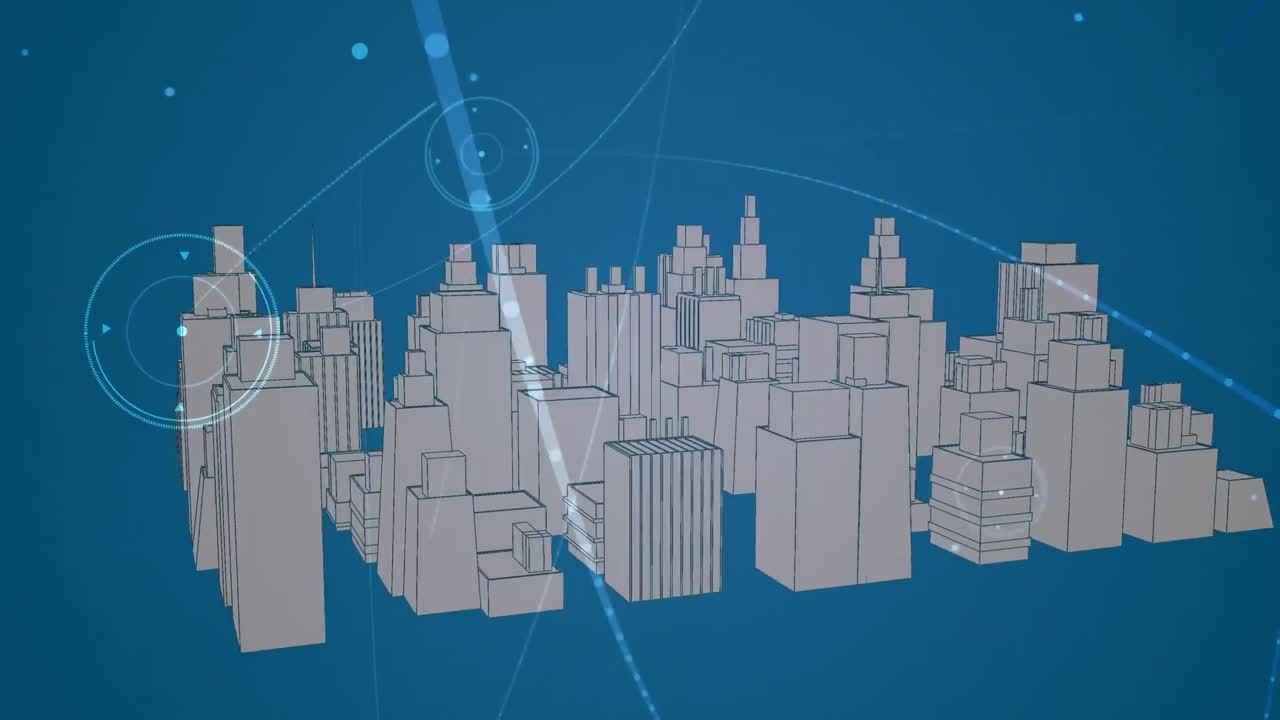 Digital animation of network of connections against 3d city model spinning on blue background