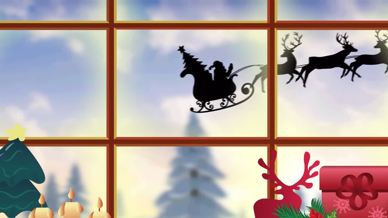 animación de santa claus en trineo con renos vistos a través de ventanas y decoraciones navideñas