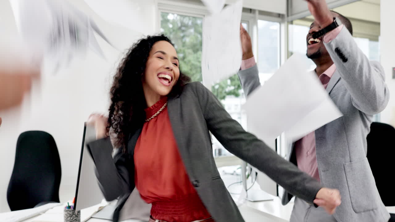 Office, dance and happy business people party