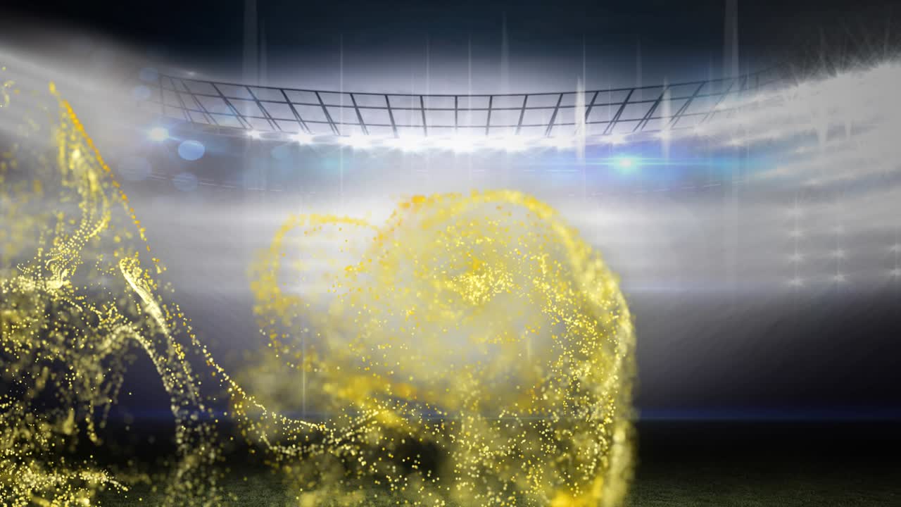 Animazioni mostrano riflettori su uno stadio e fumo giallo, simboleggiando connessioni tecnologiche globali.