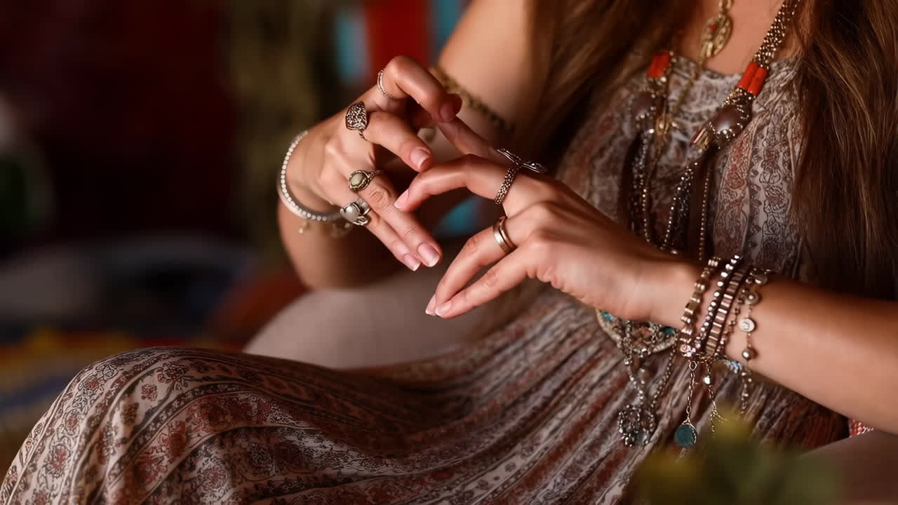 Close-up of a woman's hands adorned with boho-chic jewelry and rings