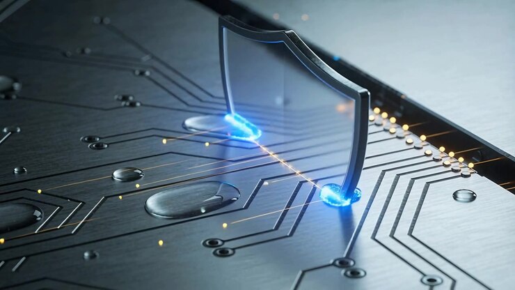 Yellow nodes sparking blue pulse moving toward shield plate on PCB lighting gold pins, copy space