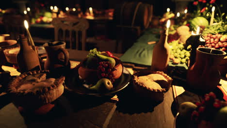 a lavish medieval feast featuring various foods and drinks on a long table