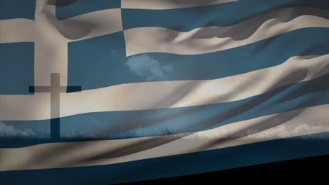animation of waving greece flag against silhouette of a cross on grassland against clouds in the sky