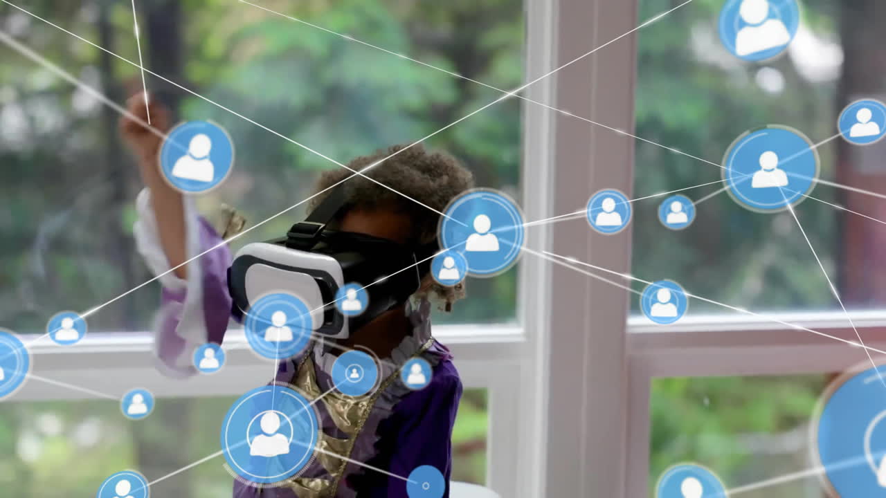 animación de la red de conexiones con iconos sobre chica afroamericana usando auriculares vr