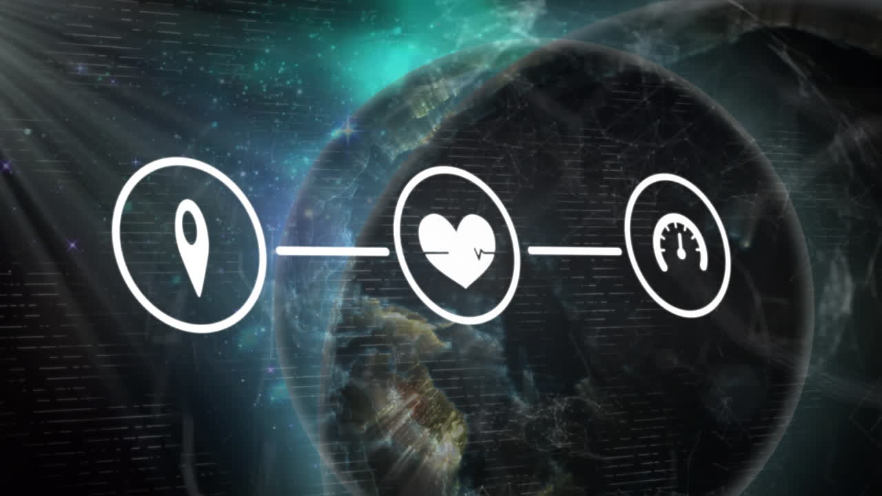 animación de la red de conexiones con iconos y globo sobre el cielo