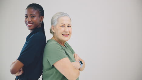old woman, thumbs up or happy caregiver standing