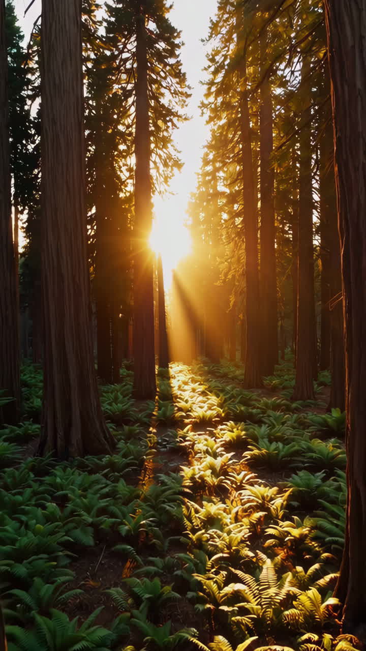 Sunbeams piercing through a serene forest of tall trees and ferns