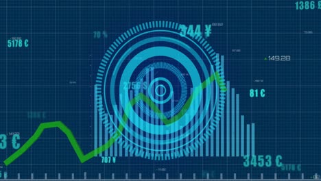 Animación-De-Números-Cambiantes-Y-Escáner-Redondo-Sobre-Procesamiento-De-Datos-Estadísticos-Sobre-Fondo-Azul