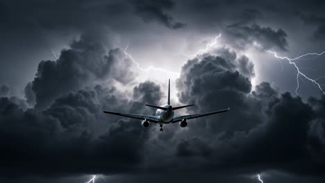 an airplane deftly maneuvers through a dark and tumultuous stormy sky, where lightning flashes and ominous clouds loom overhead