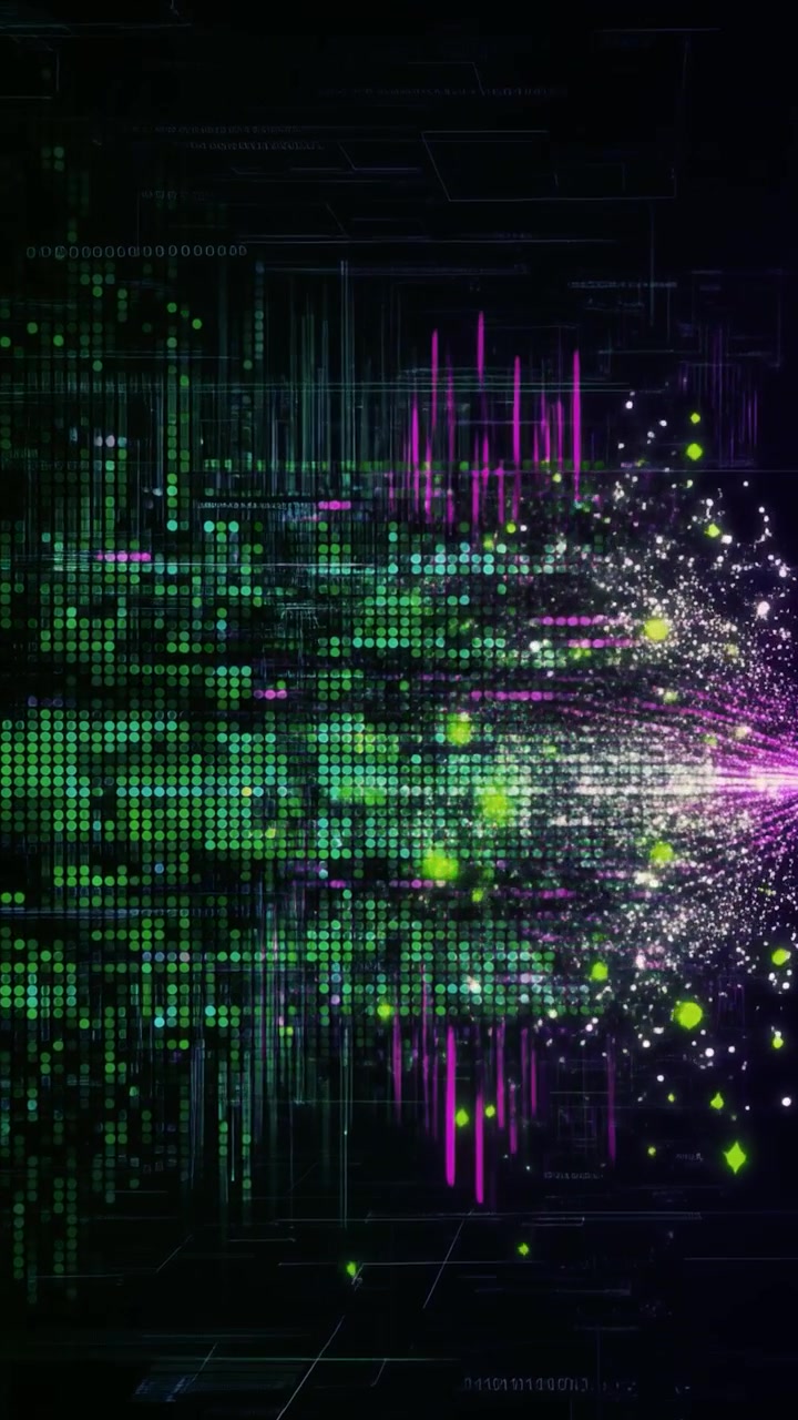 Abstract Digital Data Stream with Glowing Particles and Green Matrix Code