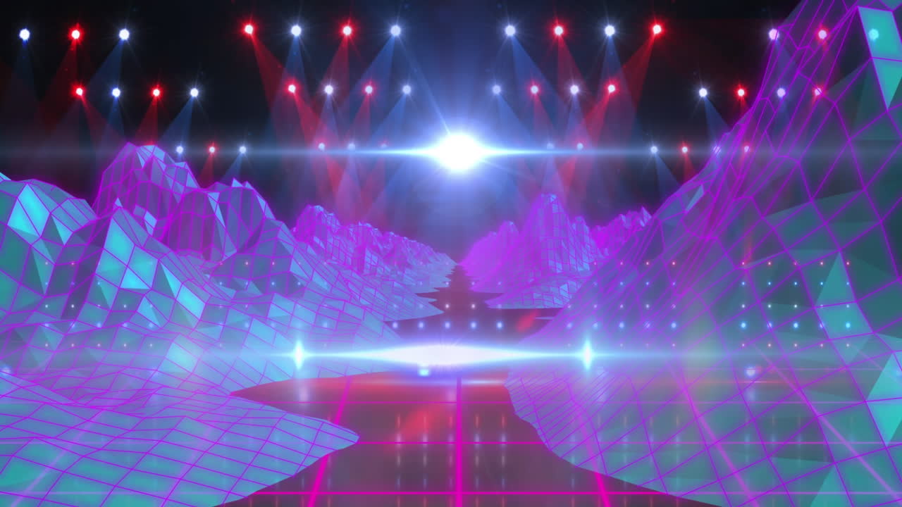 animación de montañas digitales y senderos de luz sobre focos sobre fondo negro