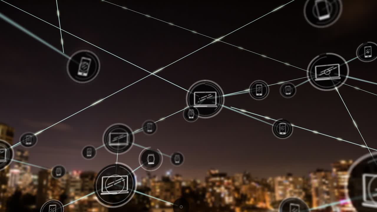 animación de la red de conexiones con iconos sobre el paisaje urbano