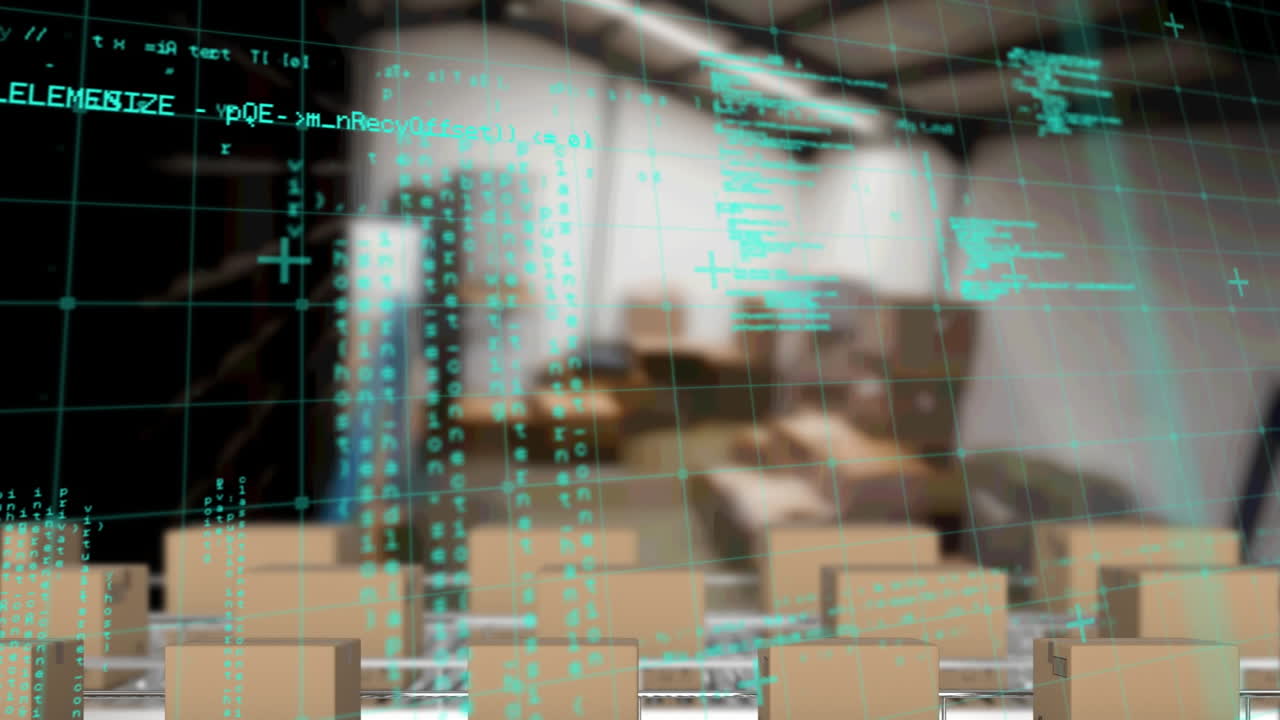 animación del procesamiento de datos sobre cajas de cartón en cintas transportadoras en el almacén