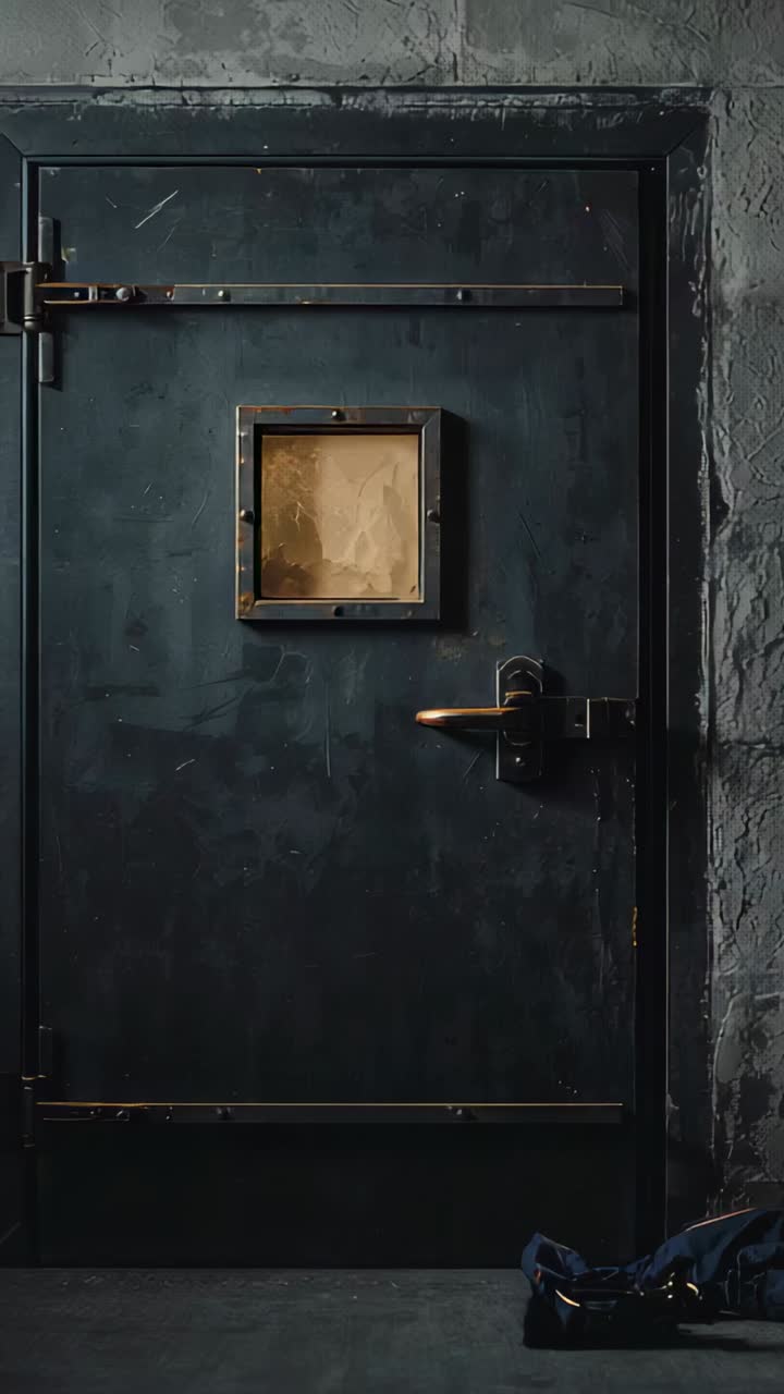 Video verticale: qualcuno spinge una porta di metallo in una cella, lasciando che una luce calda mostri l'oblò e una borsa