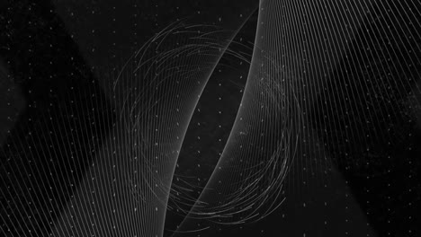 Animation-of-digital-wave-and-dots-pattern-over-spinning-light-trails-against-black-background