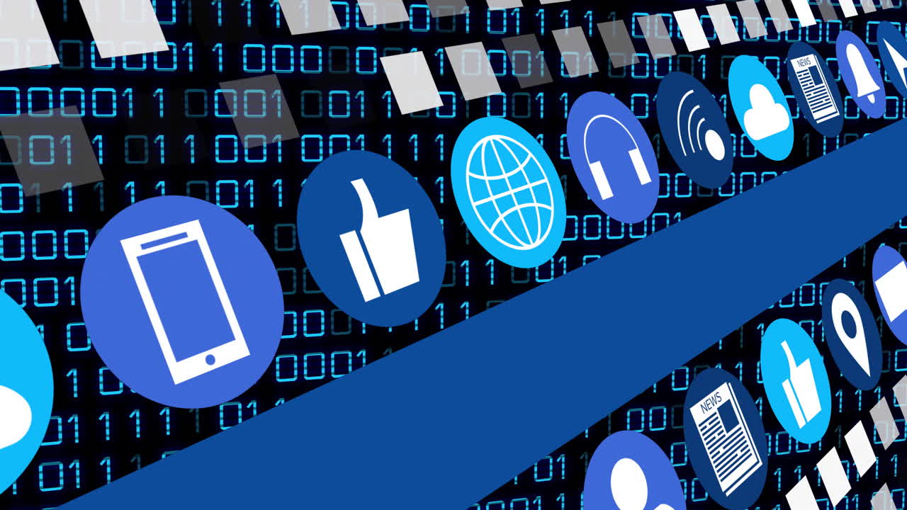 Animation of digital icons over binary code, showcasing technology and communication