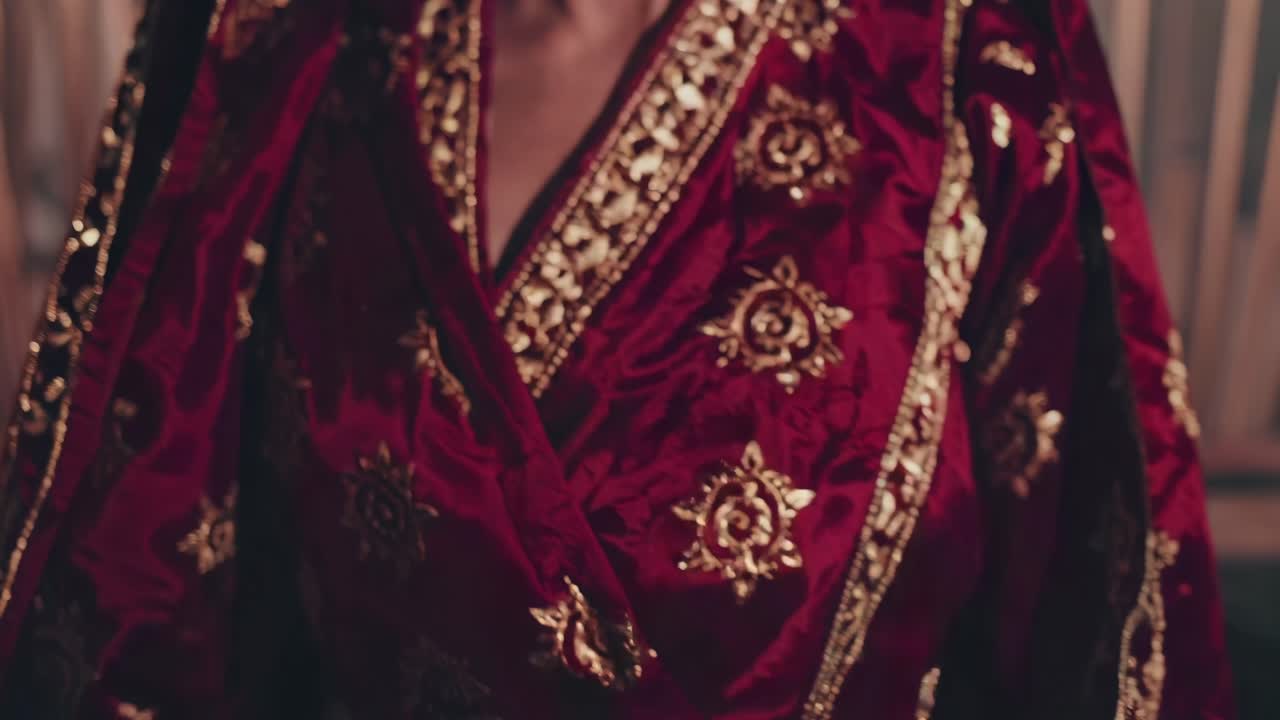 Indian woman with bindi and tripundra on her forehead wearing traditional red clothes, gold jewelry and makeup is posing in a temple with candles in the background