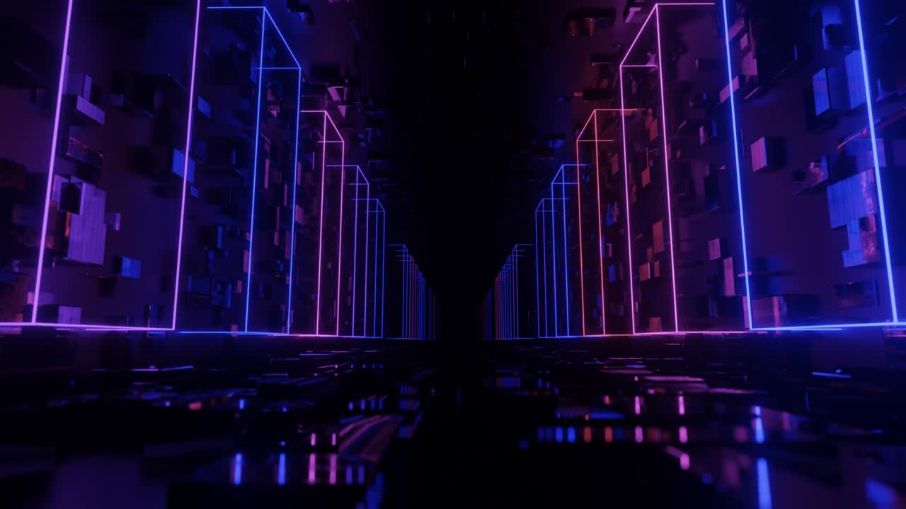 Hi-tech neon sci-fi tunel. Trendy neon glow lines form pattern and construction in mirror tunnel. Fly through technology cyberspace. 3d looped seamless 4k background.flickering 3d object night club