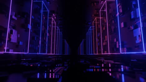 hi-tech neon sci-fi tunel. trendy neon glow lines form pattern and construction in mirror tunnel. fly through technology cyberspace. 3d looped seamless 4k background.flickering 3d object night club