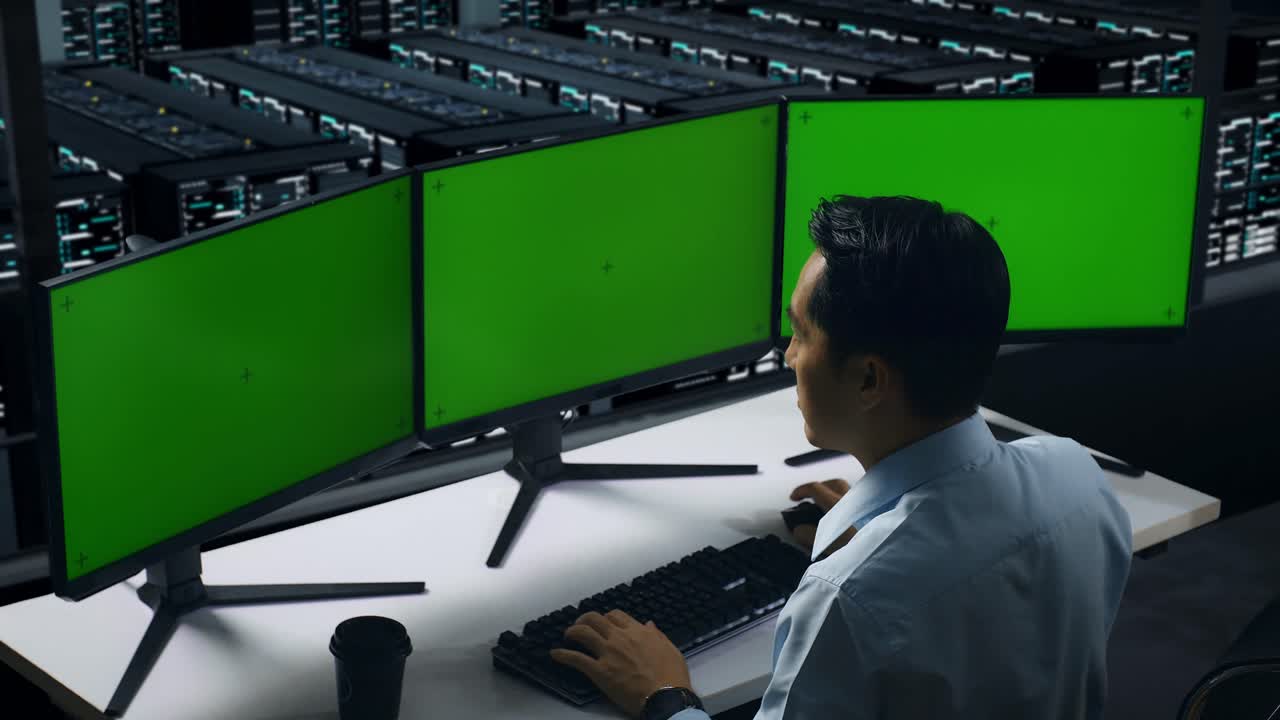 técnico informático celebrando el éxito en el centro de datos