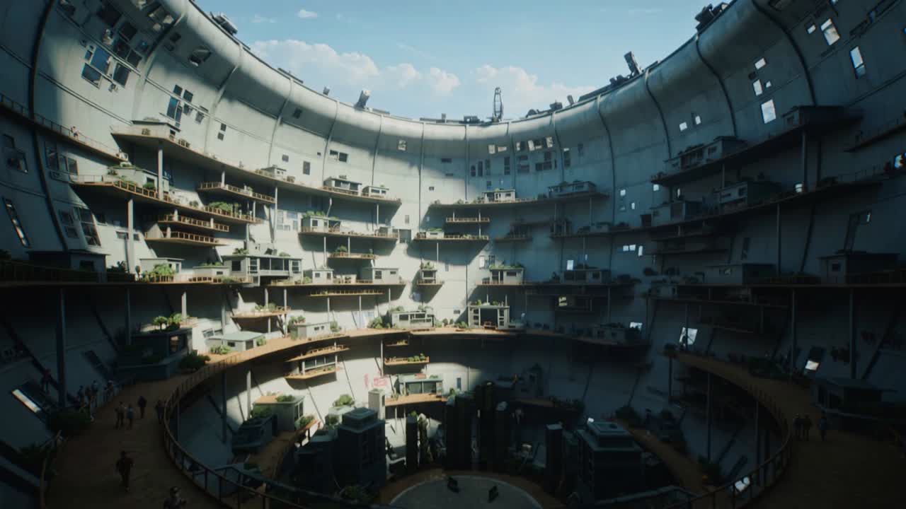 Tilting camera revealing inside circular multi level shaft at skylight to expose rooftop crane arm