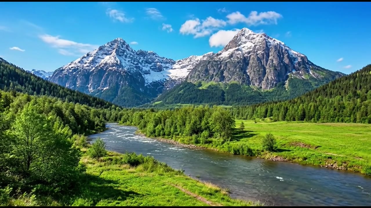 Scenic River Flowing Through a Lush Green Valley with Snow-Capped Mountains