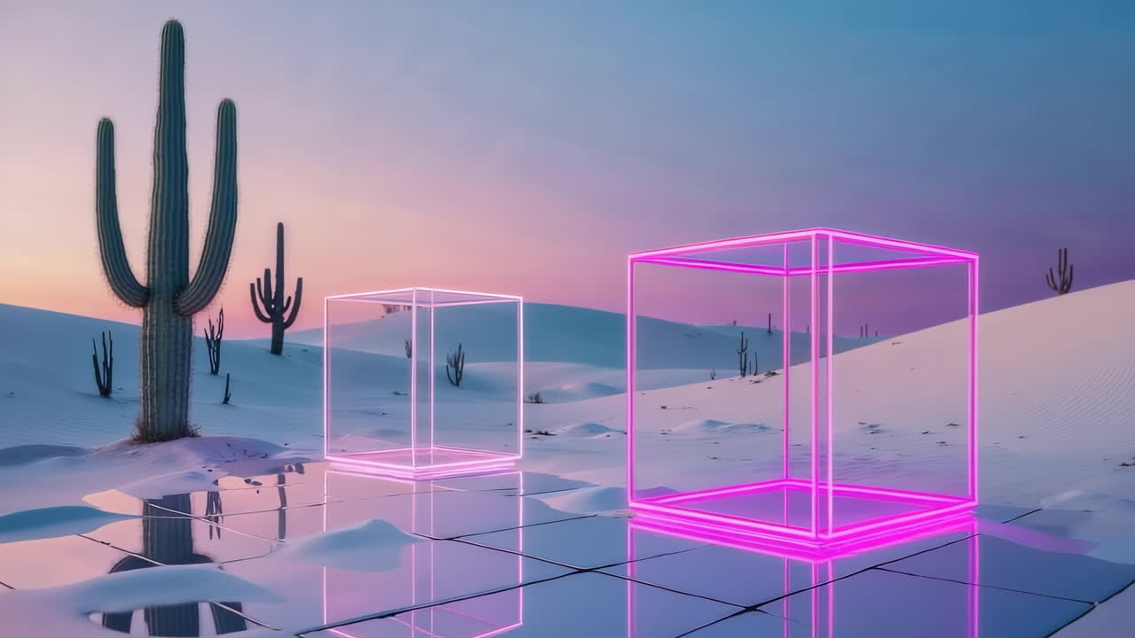 Surreal Desert Landscape with Neon Cubes and Cacti
