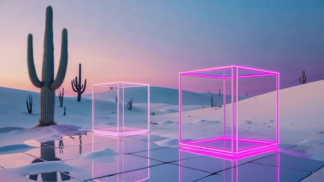surreal desert landscape with neon cubes and cacti