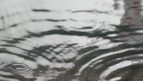 Slow-motion-abstract-view-of-rain-drops-landing-on-glass-as-seen-from-below,-underneath,-gray-sky