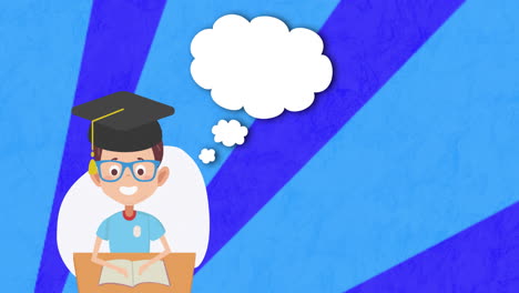 graduation cap and thought bubbles animation over cartoon student reading book