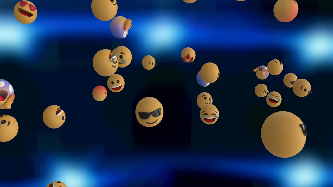 Digital animation of multiple face emojis floating over blue spots of light on black background