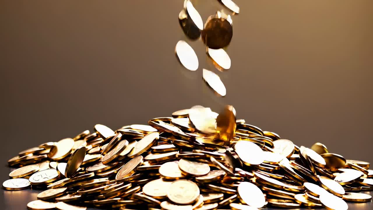 Close-up video of coins cascading onto a pile, captured from a low angle, emphasizing wealth