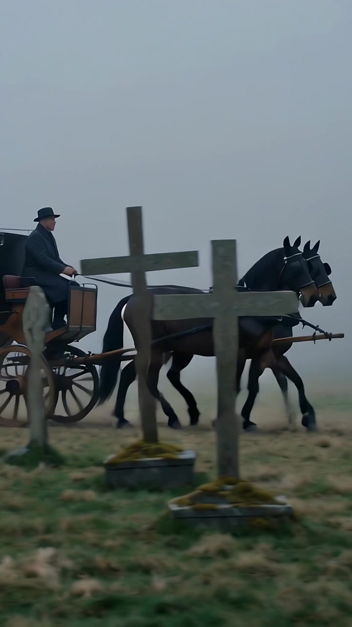 Video verticale: Autista in cappotto che guida, spronando le redini, cavalli che trainano una carrozza attraverso la nebbia oltre le croci