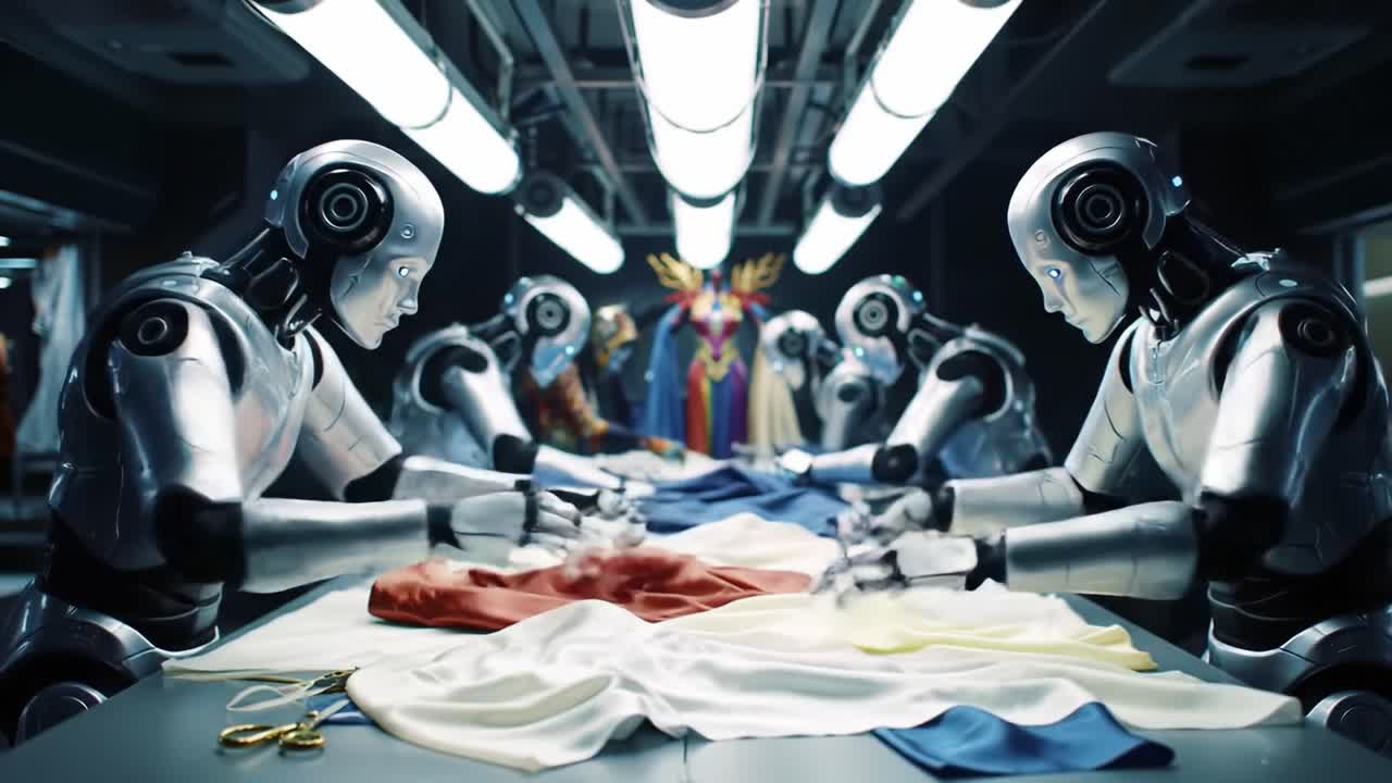 Robots work together on a table, skillfully arranging and cutting colorful fabrics in a futuristic workshop setting. The atmosphere combines technology and creativity, showcasing advanced robotics.