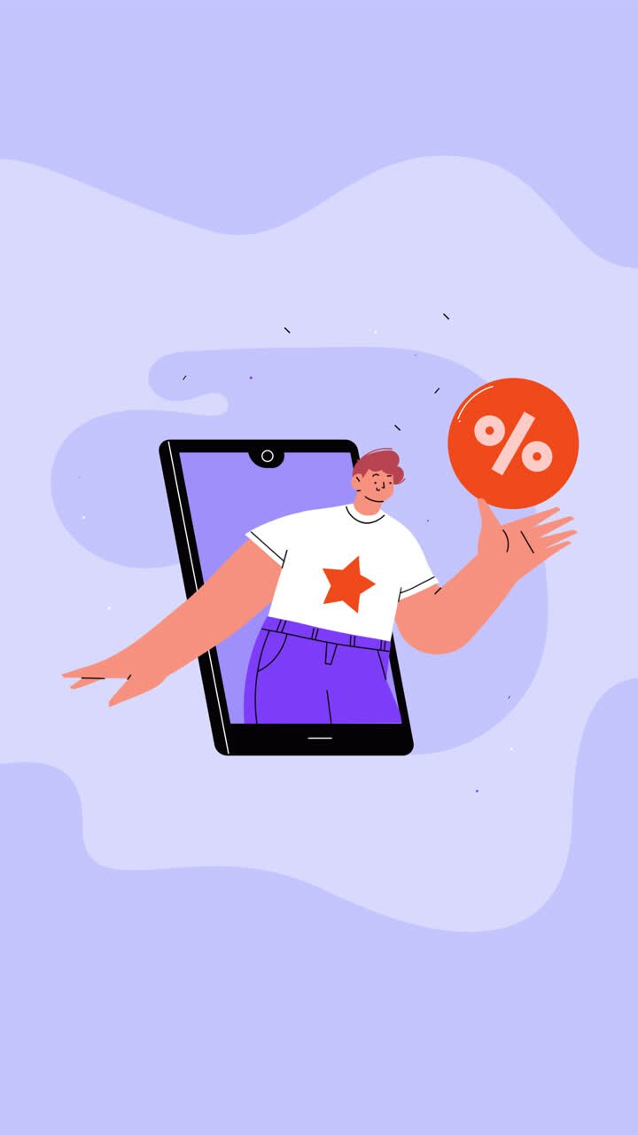 Uomo con simbolo di percentuale su un telefono cellulare